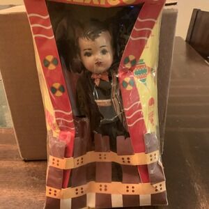 Vintage Mexican  Doll  Hand Made Painted Face Folk Art Molded Hat Sash Charro